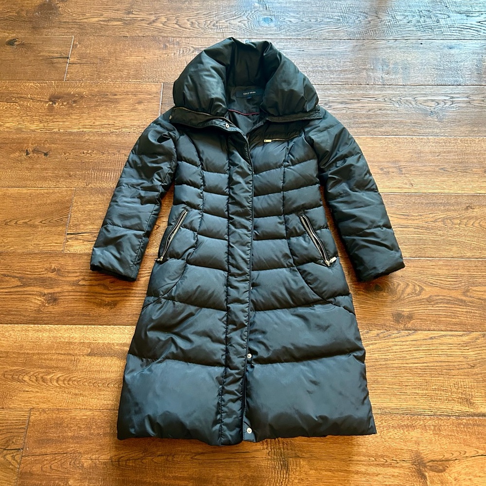 Cole Haan Quilted Black Puffer Coat with High Collar